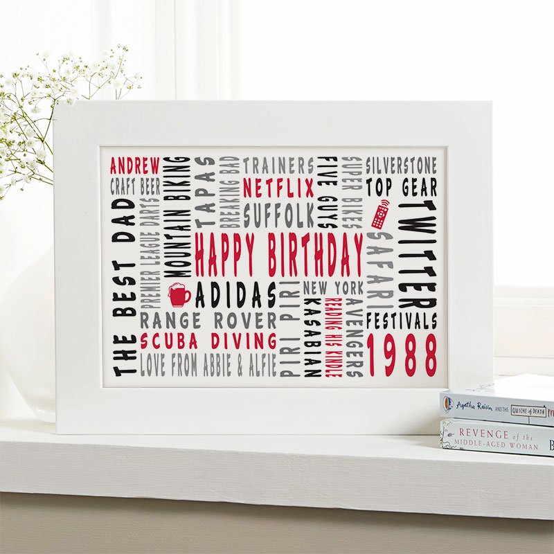 30th birthday personalised gift for him word art landscape icons