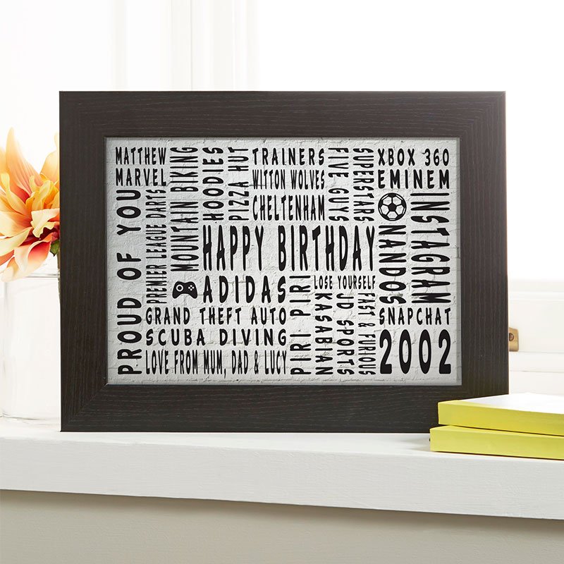 personalised present for him 16th birthday word art gift landscape icons