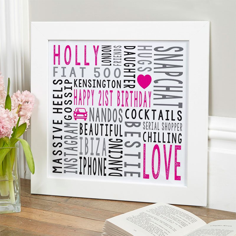 21st birthday gift for girls personalised word art print square