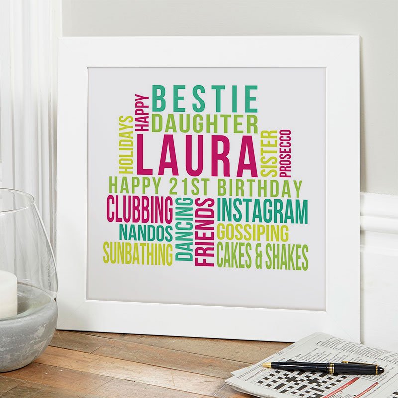 21st birthday gift for her personalised wall art word print square likes