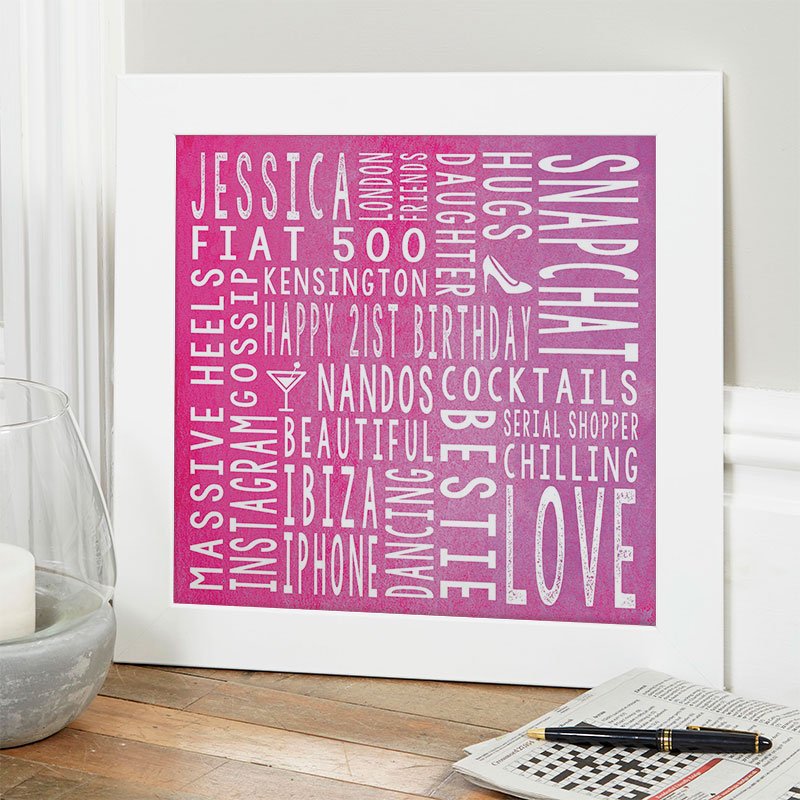 personalised 21st birthday gift for her word art square print