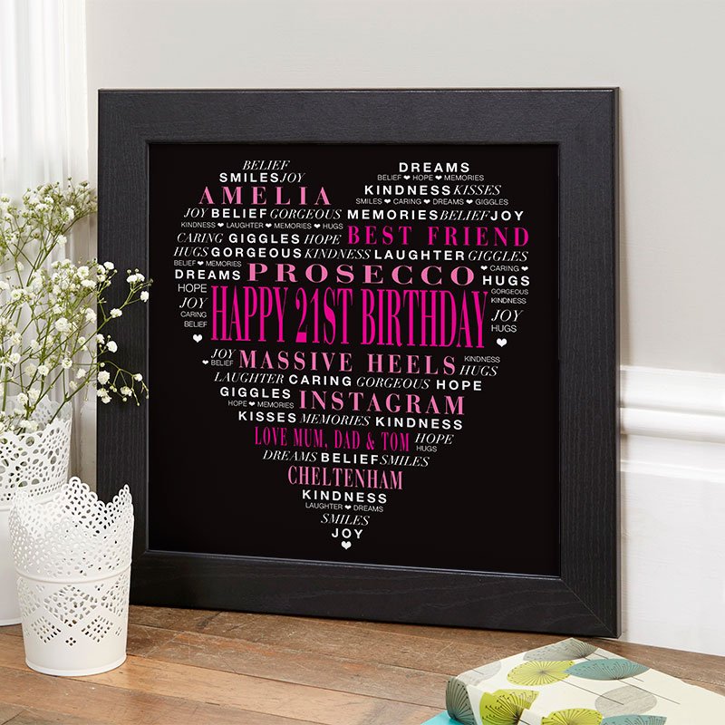 21st birthday gifts for her personalised word love heart print