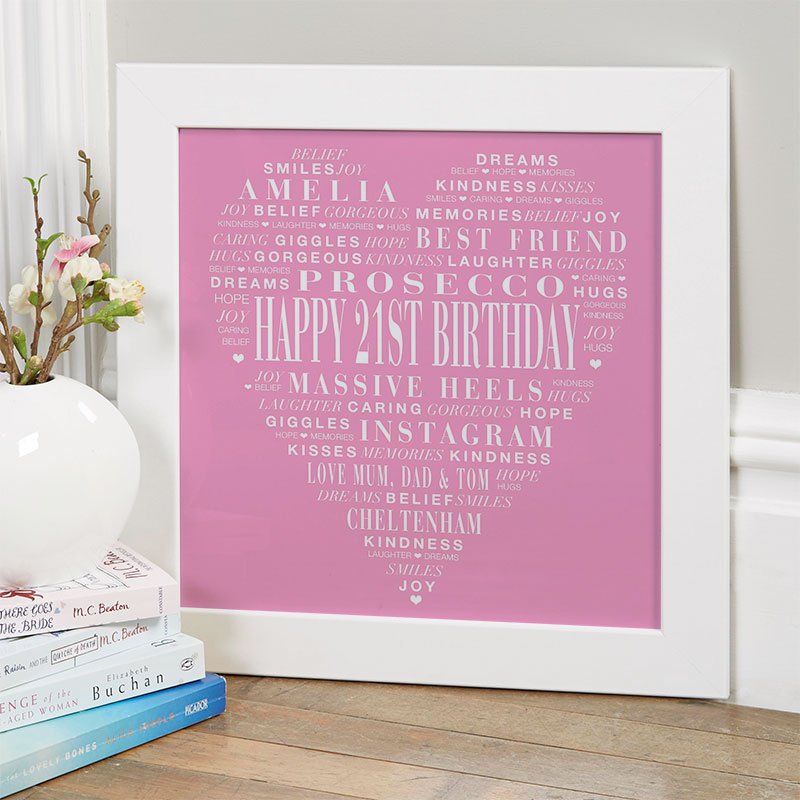21st birthday present ideas for her love heart personalised print