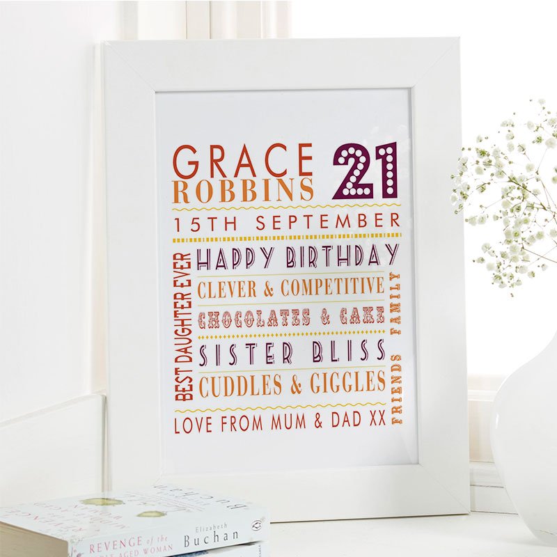 personalised 21st birthday present for her word picture print corner