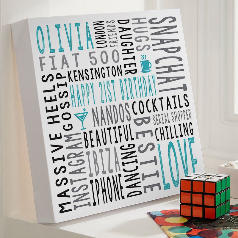 21st birthday present for her personalised word print square