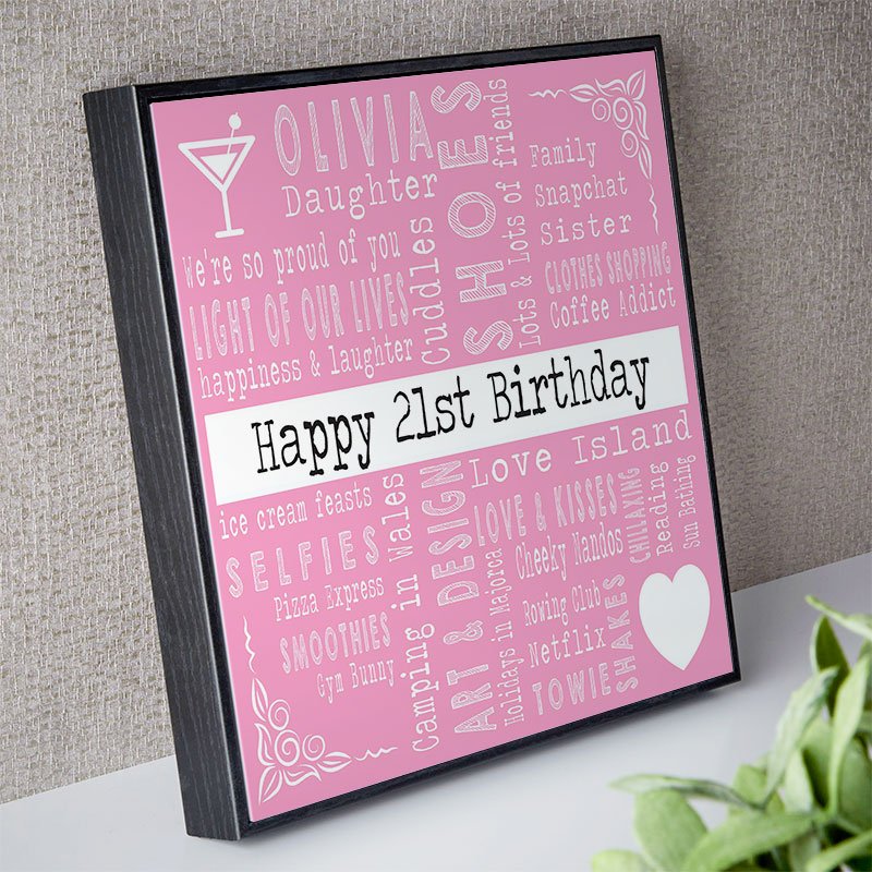 personalised gift for her 21st birthday word art picture print square corner