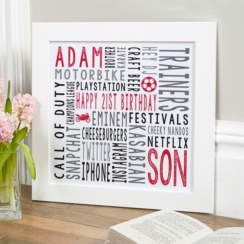 21st birthday gift for him personalised word art print square