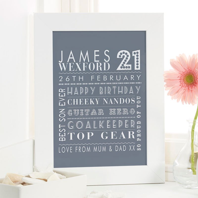 21st birthday gift for men personalised wall art picture print corner