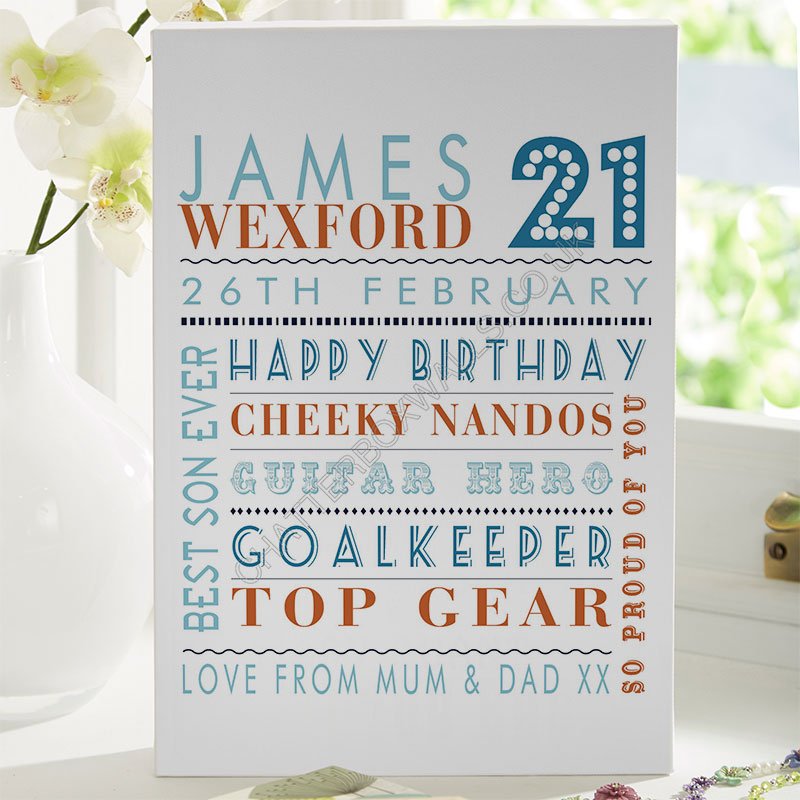 21st birthday gift inspiration for him personalised word picture canvas print corner