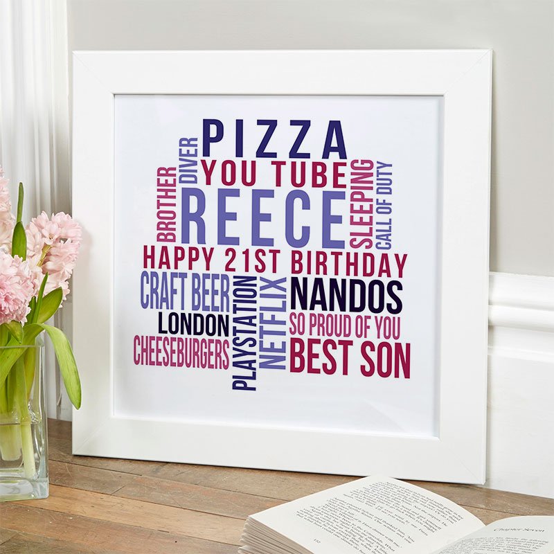 21st birthday gift for him personalised wall art word print square likes