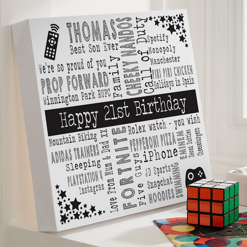 21st birthday present ideas for men word art picture print