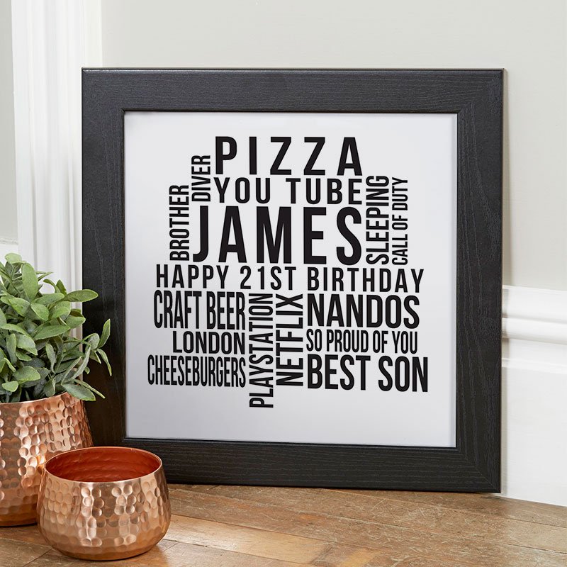 21st birthday gift inspiration for son personalised word print square likes