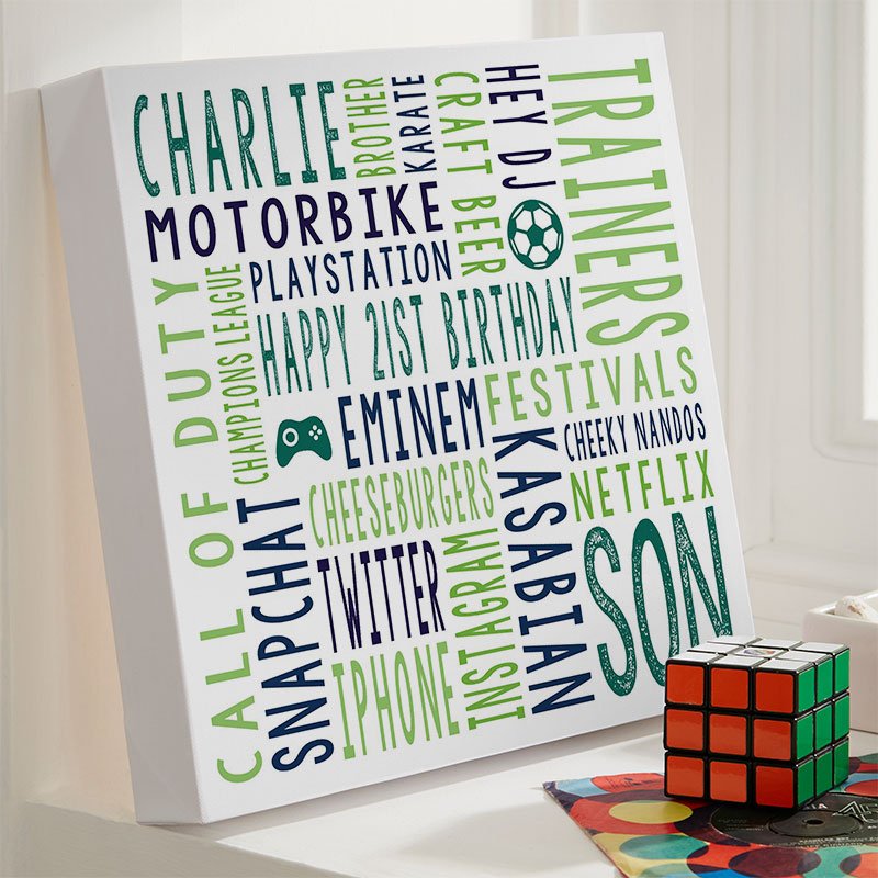 21st birthday present for him personalised word print square canvas
