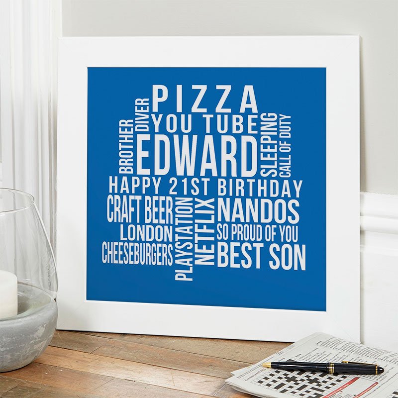 21st birthday gift ideas for him personalised word art print square likes