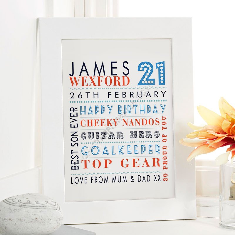 boys 21st birthday gift idea personalised print corner