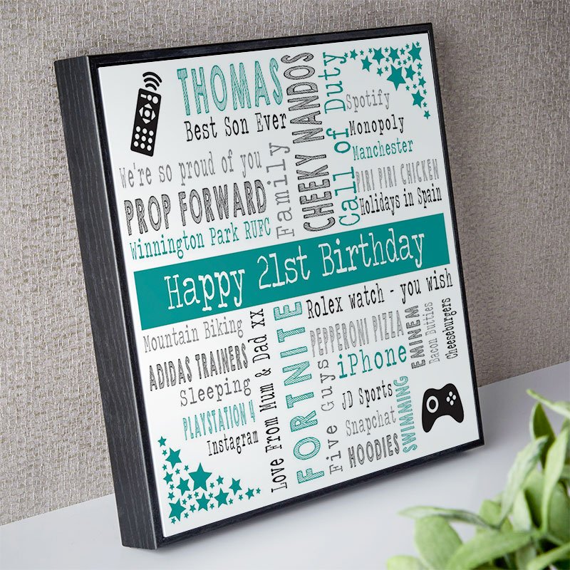 personalised gift for mens 21st birthday word art picture print square corner