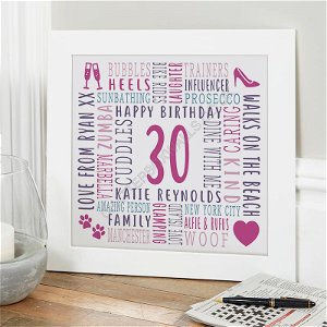 30th birthday personalised gift for her word picture