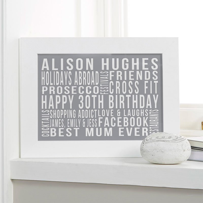 gifts for her 30th birthday personalised wall art word print landscape likes