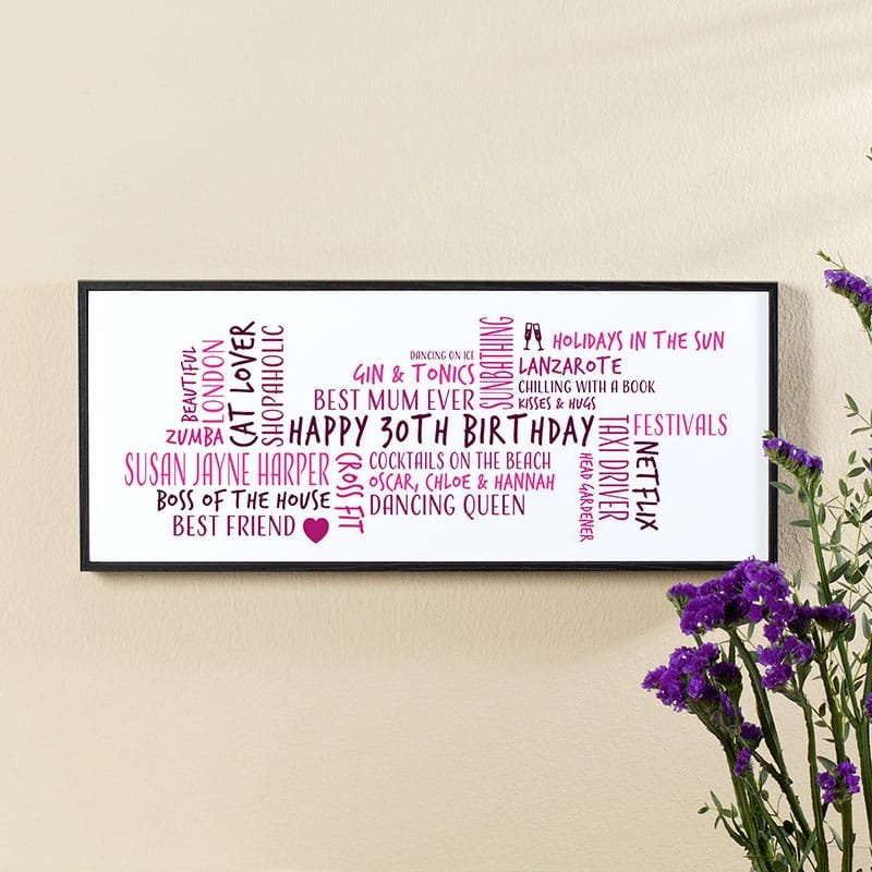 30th birthday gift for her personalised word cloud canvas picture