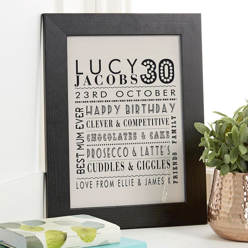 30th birthday gift for wife personalised wall art picture print corner