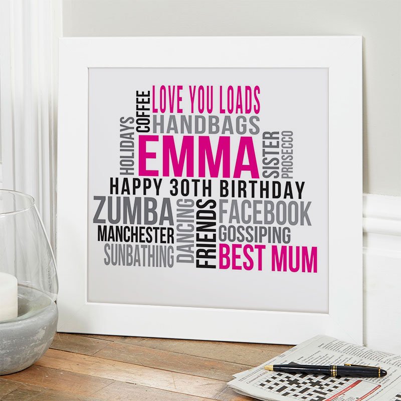 30th birthday gifts for her personalised print square likes