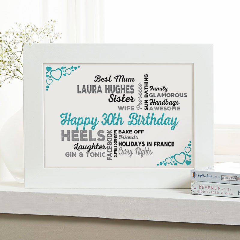personalised 30th birthday gift for her typographic wall art print