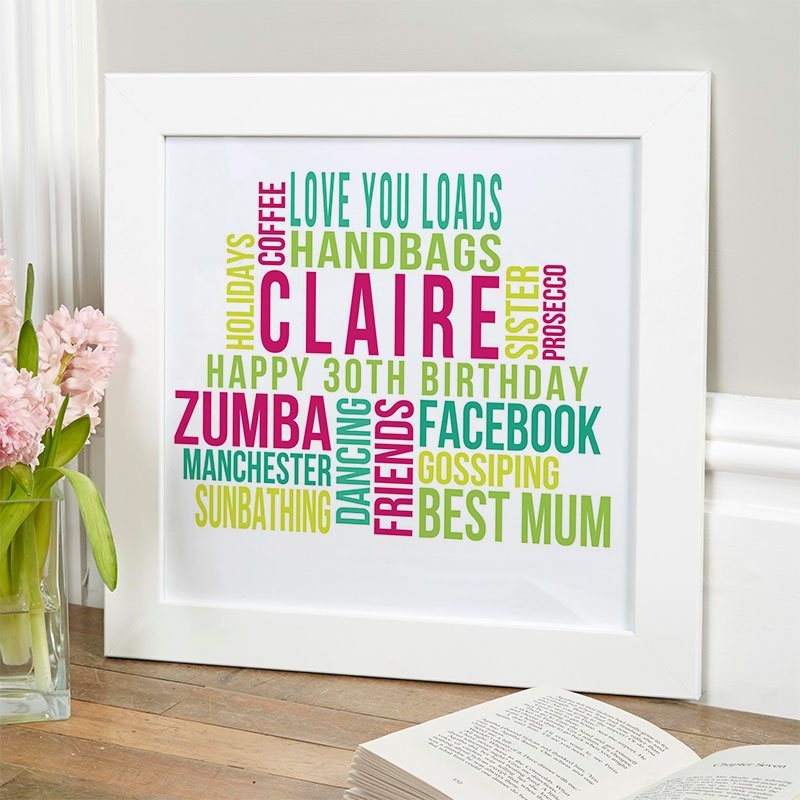 30th birthday gift for her personalised wall art word print square likes