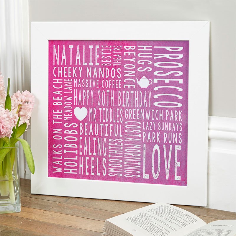personalised 30th birthday gift for her word art square print