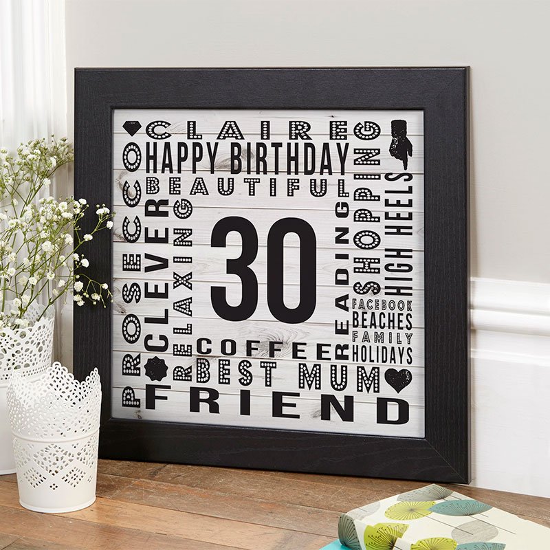 unique 30th birthday gift for her personalised word picture year of birth