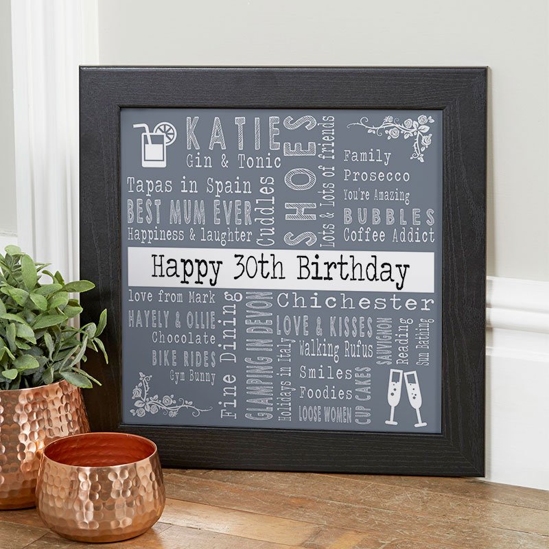 30th birthday present ideas for her word art picture print