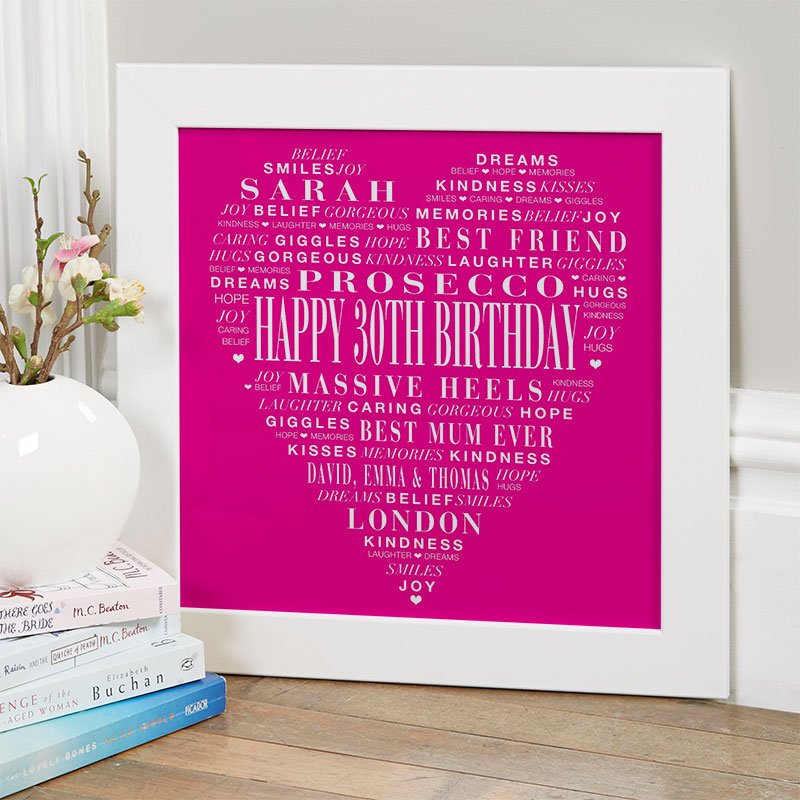 30th birthday present ideas for her love heart personalised print
