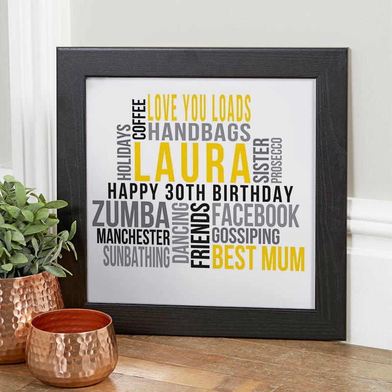 30th birthday gift inspiration personalised word print square likes