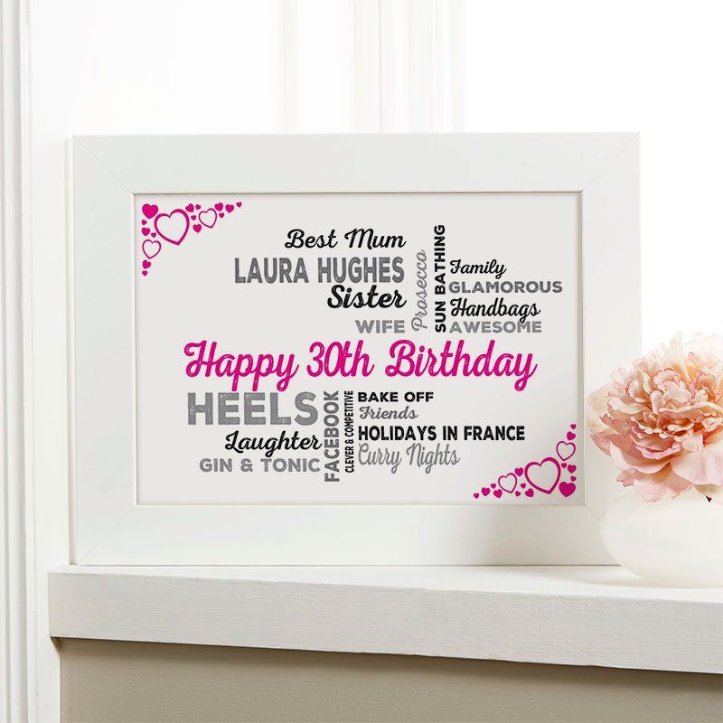 unusual 30th birthday gift for her typographic wall art framed print