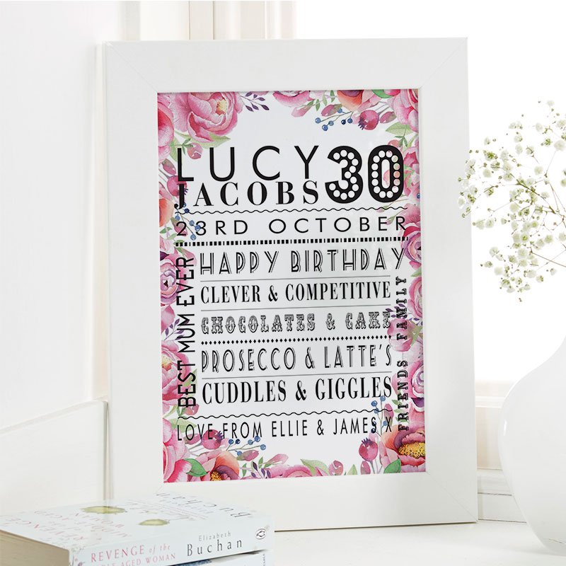 30th birthday gift inspiration for her personalised word picture print corner