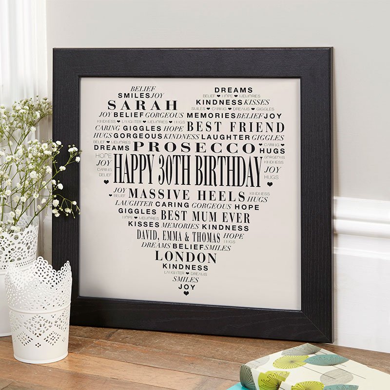 personalised 30th birthday gift for her love heart word art