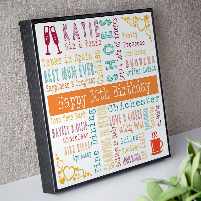 personalised gift for her 30th birthday word art picture print square corner