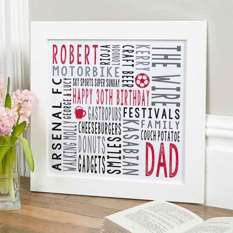 30th birthday gift for him personalised word art print square