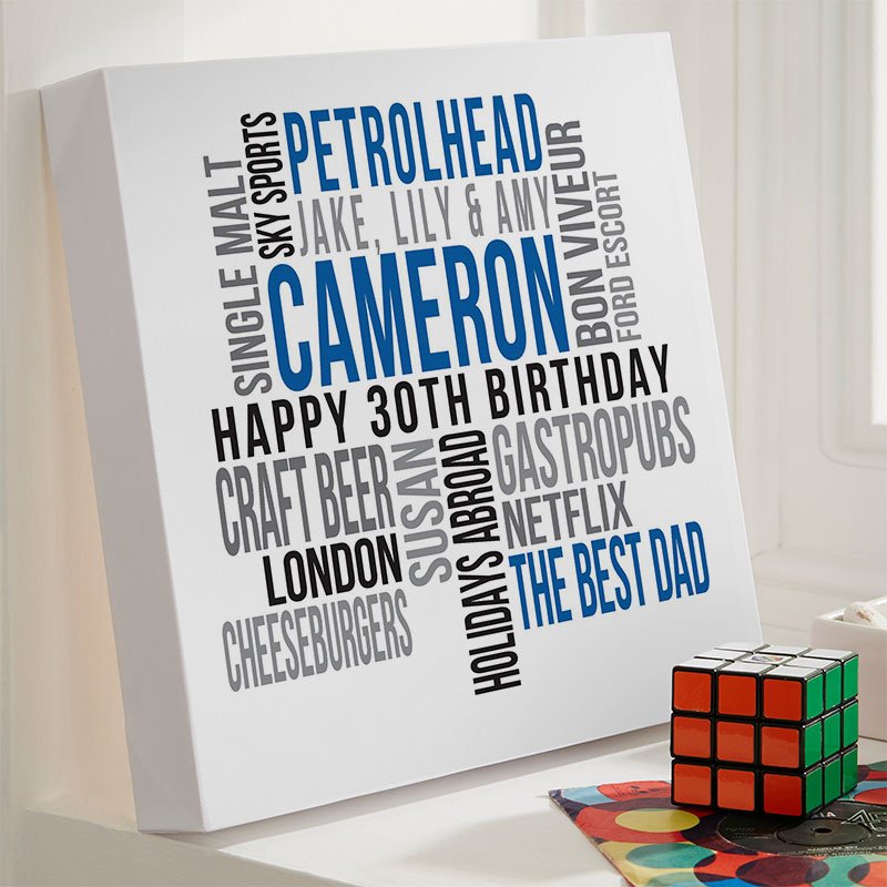 30th birthday present ideas for him personalised word print square likes