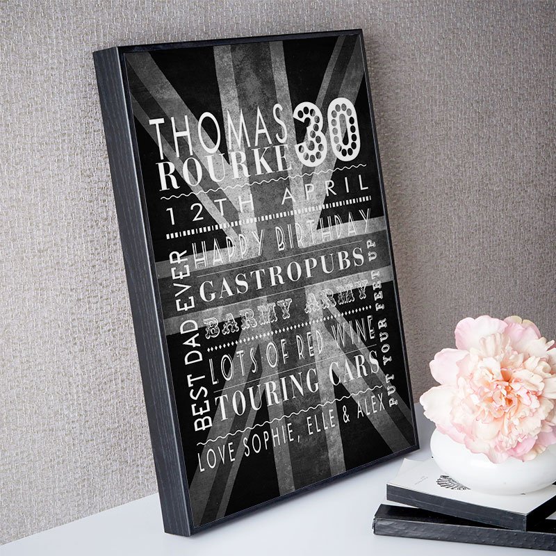 30th birthday gift inspiration for him personalised word picture canvas print corner
