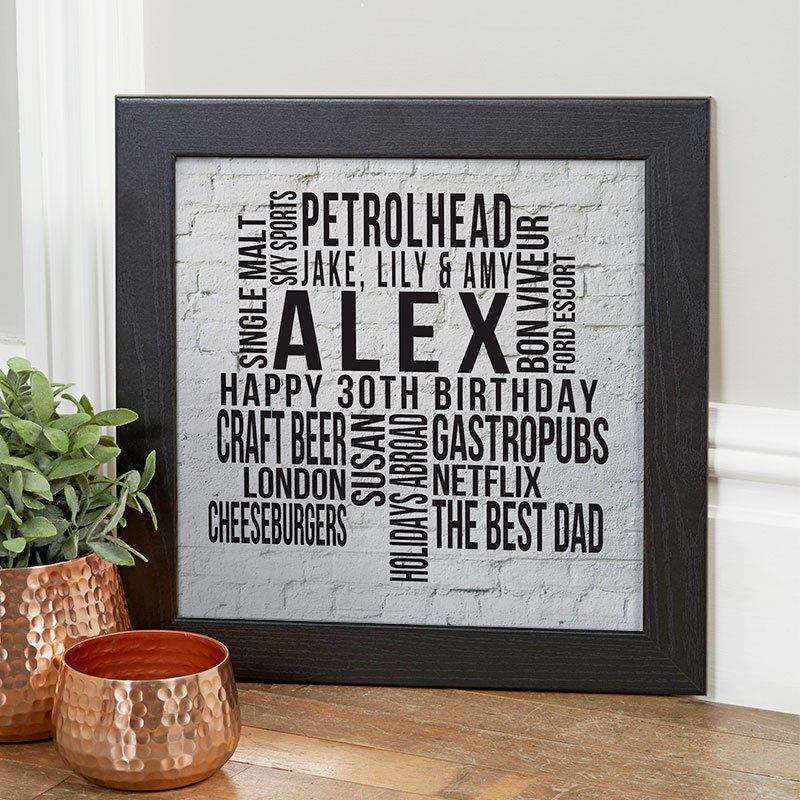 30th birthday gift for him personalised wall art word print square likes