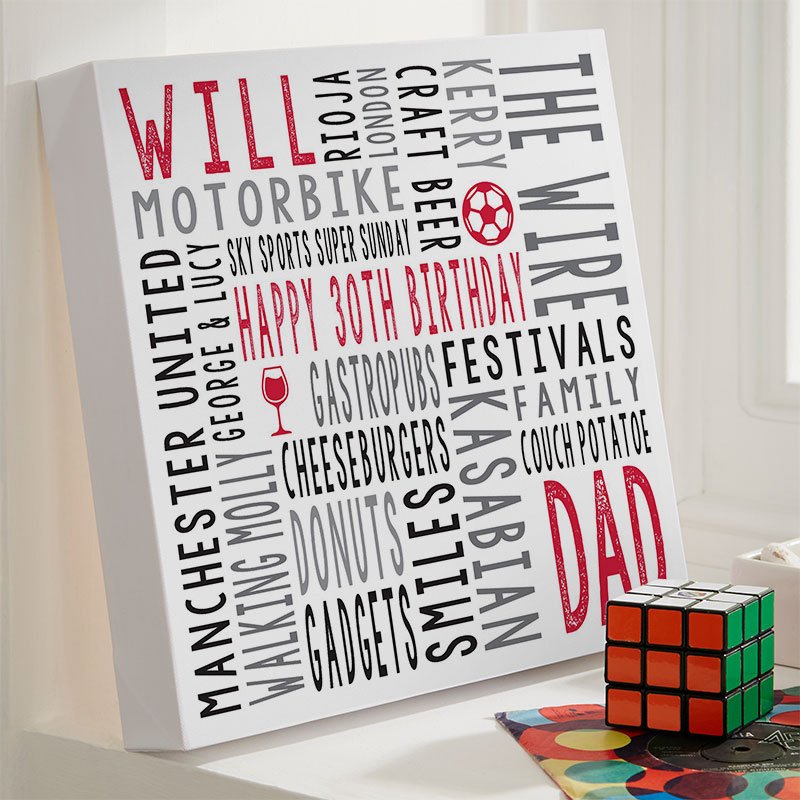personalised mens 30th birthday gift word art square print