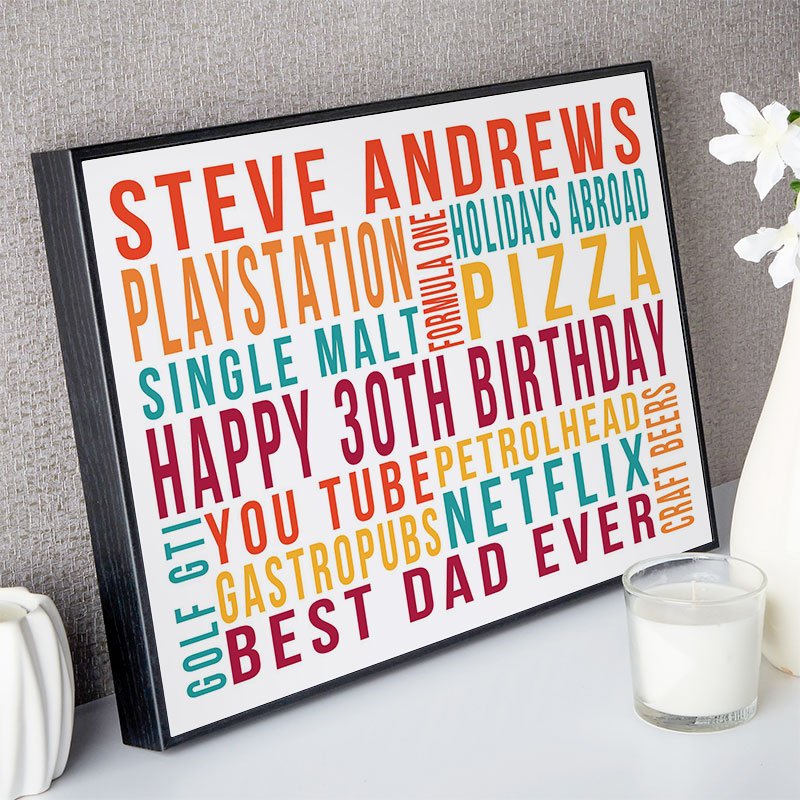 gifts for his 30th birthday personalised wall art word print landscape likes