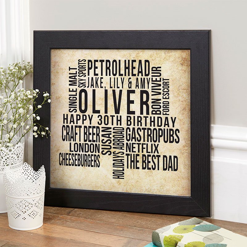 30th birthday gift inspiration for man personalised word print square likes