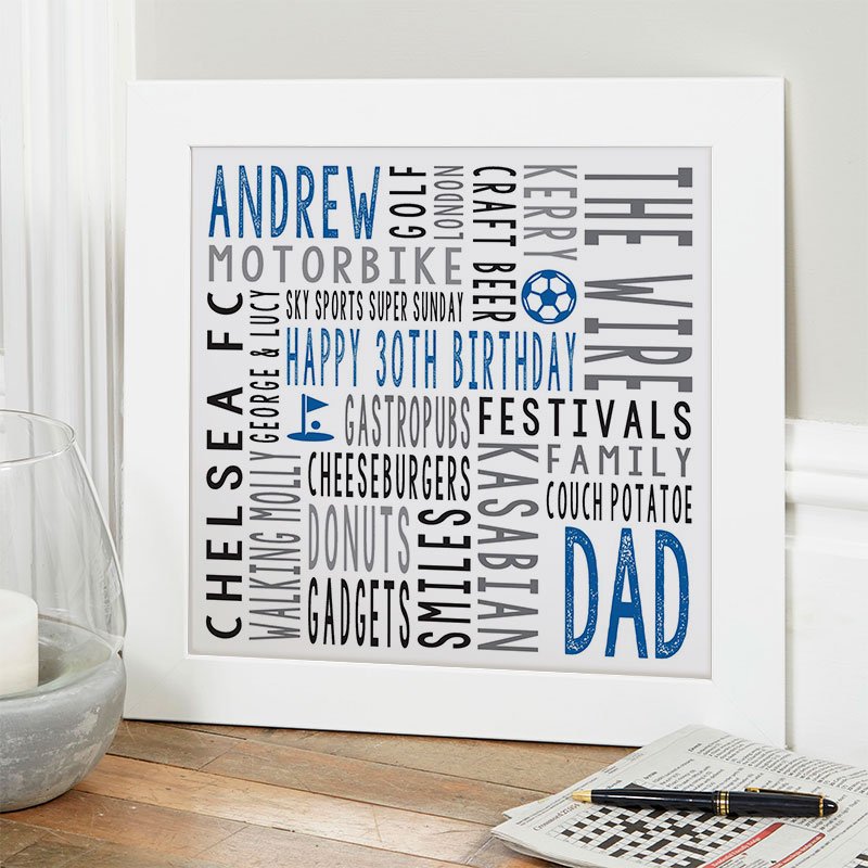 30th birthday present for husband personalised word print square canvas