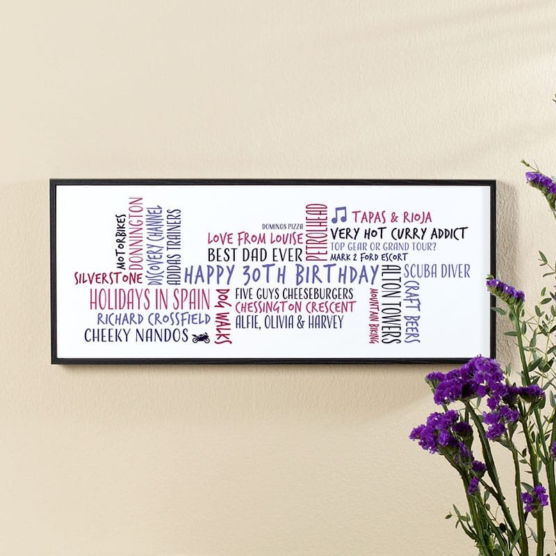 30th birthday gift for men personalised word cloud canvas picture