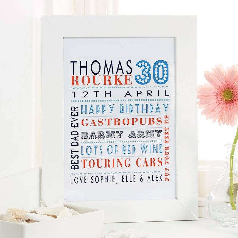 30th birthday gift for men personalised wall art picture print corner