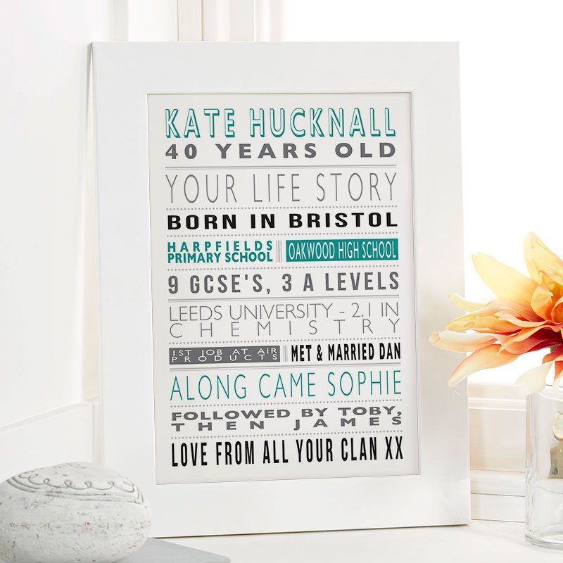 40th birthday gift ideas for her personalised life story print