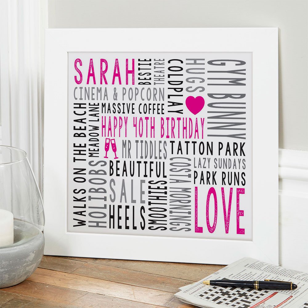 40th birthday gift for her personalised word art print square