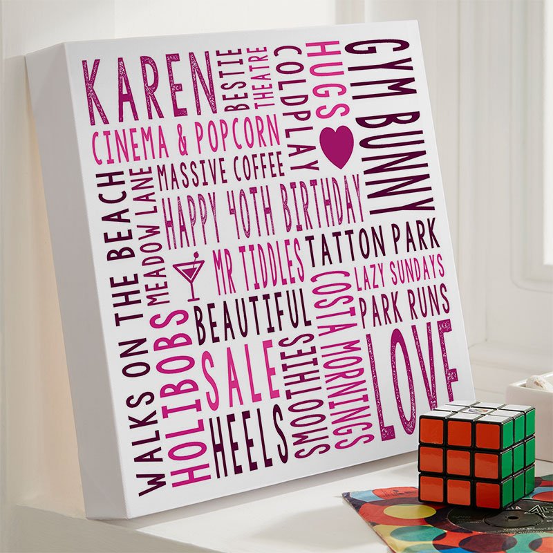 personalised 40th birthday gift for her word art square print