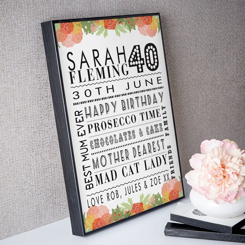 personalised 40th birthday present for her word art age print